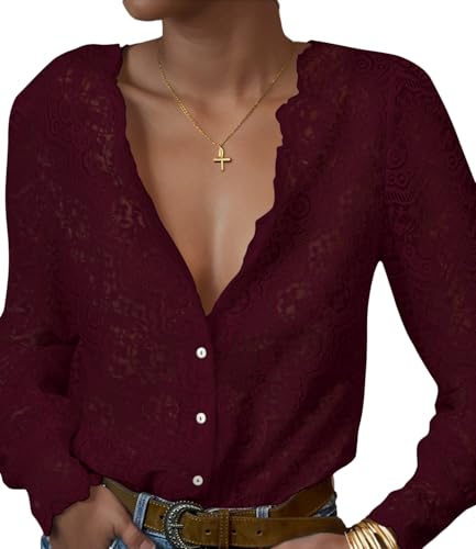 LUXVEER Spitzenoberteile für Damen, elegant, lässig, Blusen, Puffärmel, V-Ausschnitt, Knopfleiste, Business-Arbeitshemd, Dunkelrot, Mittel LUXVEER Spitzenoberteile für Damen, elegant, lässig, Blusen, Puffärmel, V-Ausschnitt, Knopfleiste, Business-Arbeitshemd, Dunkelrot, Mittel von LUXVEER