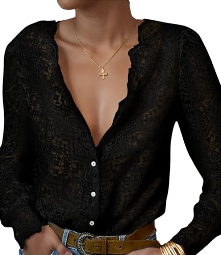 LUXVEER Spitzenoberteile für Damen, elegant, lässig, Blusen, Puffärmel, V-Ausschnitt, Knopfleiste, Business-Arbeitshemd, Schwarz, Mittel LUXVEER Spitzenoberteile für Damen, elegant, lässig, Blusen, Puffärmel, V-Ausschnitt, Knopfleiste, Business-Arbeitshemd, Schwarz, Mittel von LUXVEER