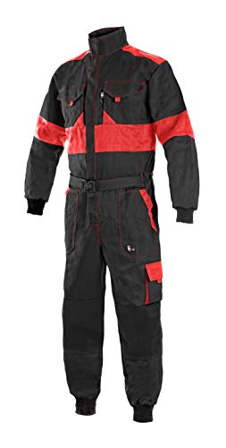 LUXY Canis CXS Robert Arbeitsoverall Herren Arbeitsanzug Schutzanzug Reißverschluss Overall Einteiler für Maler Baumwolle Gärtner Rallye Kombi Mechaniker Taschen Schutzkleidung; schwarz mit rot; (58) von LUXY