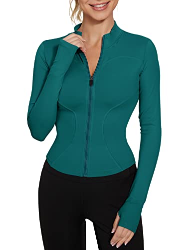 LUYAA Damen Workout Jacke Leichte Zip Up Yoga Jacke Cropped Athletic Slim Fit Tops, Blau Grün, Medium von LUYAA