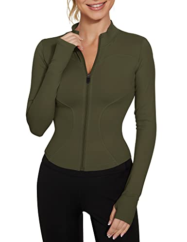LUYAA Damen Workout Jacke Leichte Zip Up Yoga Jacke Cropped Athletic Slim Fit Tops, Grün (Army Green), Medium von LUYAA