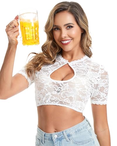 LUYANA Damen Dirndl Bluse Spitze Dirndlbluse Lochausschnitt Kurzarm Trachtenbluse für Bavarian Oktoberfest Weiß L von LUYANA