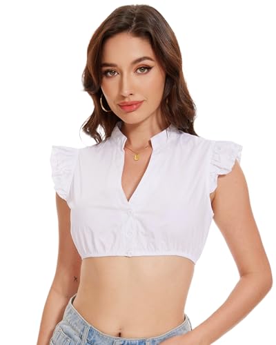 LUYANA Dirndl Bluse Damen Trachtenbluse Weiß Dirndlbluse Kurzarm DirndlBlusen Für Bayrische Tracht Oktoberfest A-weiß XL von LUYANA