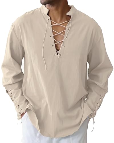LUYANA Gemütliche Schnürung Piraten Shirts Mittelalter Vintage Kostüm Tops for Männer Khaki 2XL von LUYANA