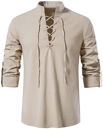 LUYANA Herren Baumwolle Klassisch Schottisch Jacobit Ghillie Kilt Shirt Khaki L von LUYANA