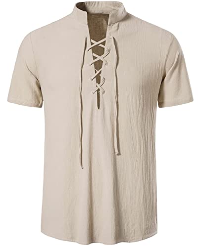 LUYANA Herren Casual Kurzarm Leinen Shirt Hippie V Ausschnitt Strand Hemd Khaki L von LUYANA