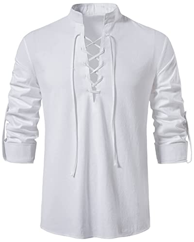 LUYANA Herren Casual Langarm Leinen Shirt Hippie V Ausschnitt Strand Hemd Weiß L von LUYANA
