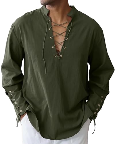 LUYANA Herren Herren Piratenhemd Wikinger Steampunk Retro Renaissance Mittelalter Hemd Armee Grün L von LUYANA