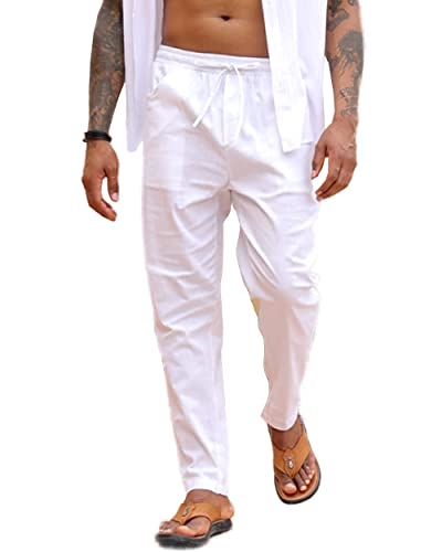 LUYANA Herren-Hosen Leinenhose Leinenhosen Lang mit Taschen Elastischer Bund Weiß 2XL von LUYANA