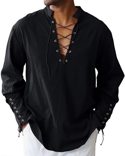 LUYANA Herren Kilt-Shirt Jacobit Ghillie Schnürhemd Regular Fit Leinenhemd Schwarz 3XL von LUYANA