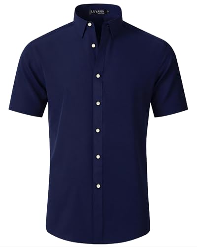 LUYANA Herren Kurzarm Hemd Businesshemd Regular Fit Hochzeit Arbeits Hemden Marine 2XL von LUYANA