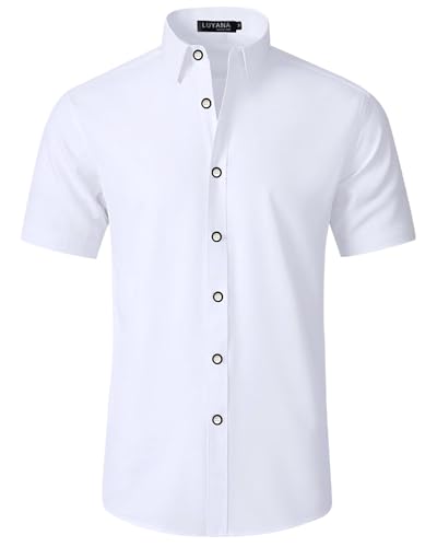 LUYANA Herren Kurzarm Hemd Businesshemd Regular Fit Hochzeit Arbeits Hemden Weiß L von LUYANA