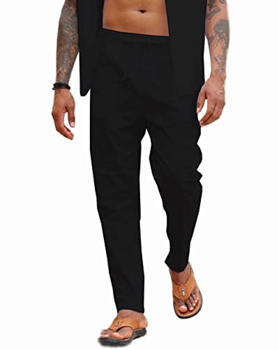 LUYANA Herren Loose Fit Freizeithose Yoga Urlaub Strandhose mit Kordelzug Schwarz 2XL von LUYANA