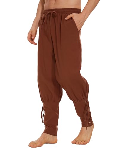 LUYANA Herren Mittelalter Hose Leinenhose Wikinger Kostüm Piratenhose Herren Hosen Braun L von LUYANA