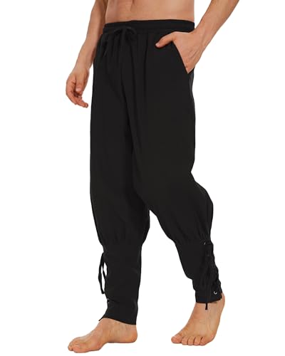LUYANA Herren Mittelalter Hose Leinenhose Wikinger Kostüm Piratenhose Herren Hosen Schwarz 2XL von LUYANA