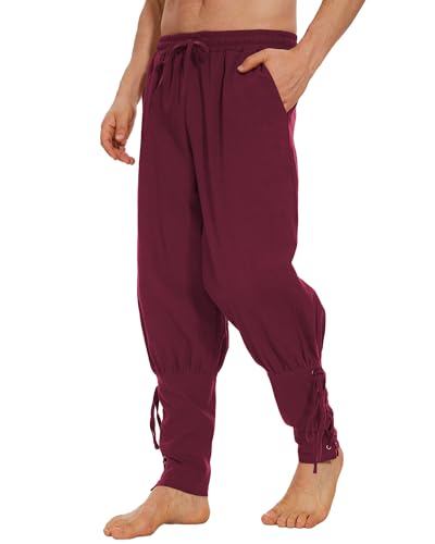 LUYANA Herren Mittelalter Hose Leinenhose Wikinger Kostüm Piratenhose Herren Hosen Weinrot L von LUYANA