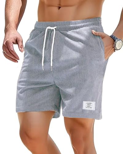 LUYANA Herren Shorts Casual Drawstring Corduroy Shorts Sommer Freizeit Kurze Hosen mit Taschen Hellgrau XL von LUYANA