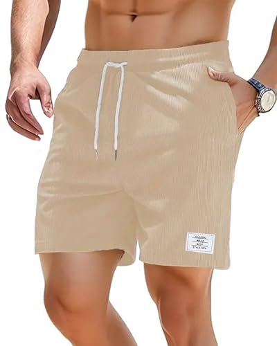 LUYANA Herren Shorts Casual Drawstring Corduroy Shorts Sommer Freizeit Kurze Hosen mit Taschen Khaki 3XL von LUYANA