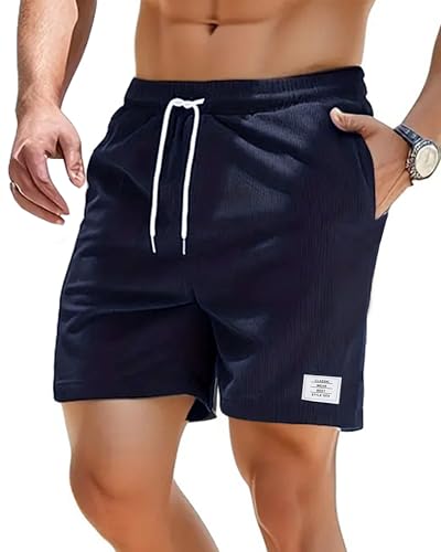 LUYANA Herren Shorts Casual Drawstring Corduroy Shorts Sommer Freizeit Kurze Hosen mit Taschen Marine 2XL von LUYANA