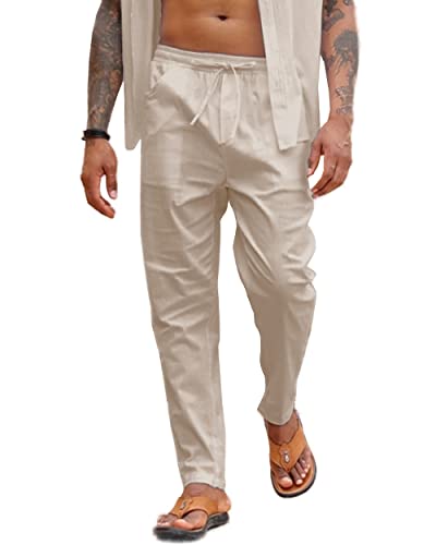 LUYANA Herren Sommer Strand Lose Lässige Leinenhose mit Taschen Elastischer Bund Khaki 2XL von LUYANA