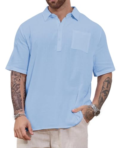 LUYANA Herren Umlegekragen Kurzarm Shirts Leinenband Henley Shirts Hemden Hellblau 2XL von LUYANA