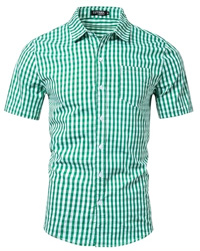 LUYANA Kariert Hemden Herren Kurzarm Freizeithemd Casual Regular Fit Trachtenhemd Grün XL von LUYANA