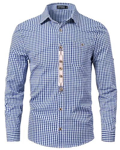 LUYANA Langarm Trachtenhemd mit Tasche Herren Oktoberfest Hemd Kariertes Freizeithemd Karohemd Blau 3XL von LUYANA