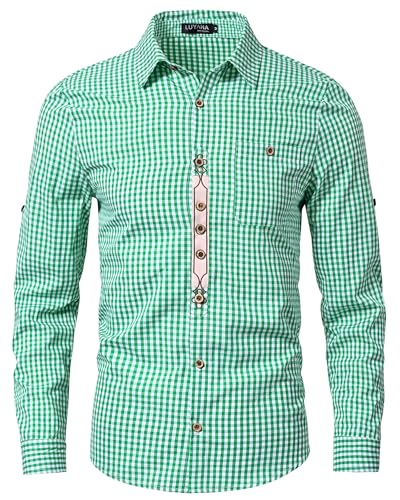 LUYANA Langarm Trachtenhemd mit Tasche Herren Oktoberfest Hemd Kariertes Freizeithemd Karohemd Grün XL von LUYANA