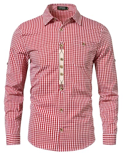 LUYANA Langarm Trachtenhemd mit Tasche Herren Oktoberfest Hemd Kariertes Freizeithemd Karohemd Rot XL von LUYANA