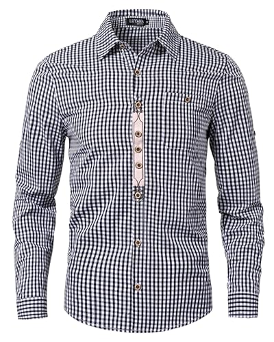 LUYANA Langarm Trachtenhemd mit Tasche Herren Oktoberfest Hemd Kariertes Freizeithemd Karohemd Schwarz 2XL von LUYANA