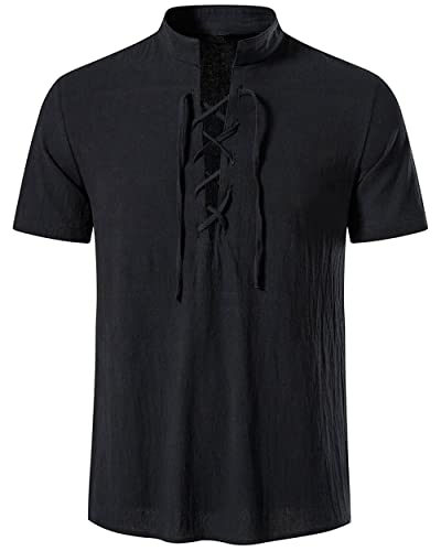 LUYANA Leinenhemd Herren Hemden Short Sleeve Lace up Shirt Sommerhemd Freizeithemd Schwarz 3XL von LUYANA