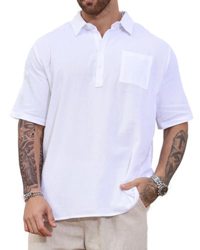 LUYANA Leinenhemd Herren Kurzarm Freizeithemd Mens Shirt Sommer Weiß 2XL von LUYANA