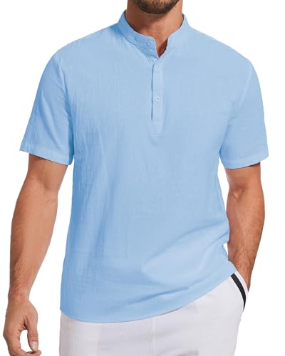 LUYANA Leinenhemd Herren Kurzarm Hemden Stehkragen Sommerhemd Leinen Freizeithemd Blau M von LUYANA