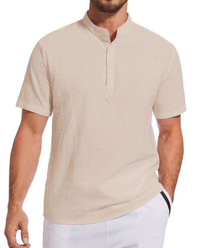 LUYANA Leinenhemd Herren Kurzarm Hemden Stehkragen Sommerhemd Leinen Freizeithemd Khaki L von LUYANA