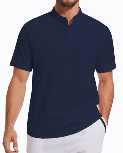 LUYANA Leinenhemd Herren Kurzarm Hemden Stehkragen Sommerhemd Leinen Freizeithemd Marine L von LUYANA
