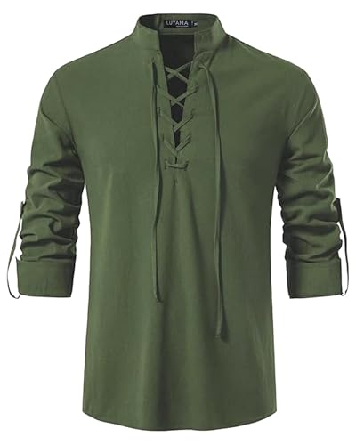 LUYANA Leinenhemd Herren Langarm Freizeithemd Ghillie Kilt Shirt Armeegrün L von LUYANA