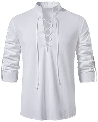 LUYANA Leinenhemd Herren Langarm Freizeithemd Vintage Kostüm Weiß 2XL von LUYANA