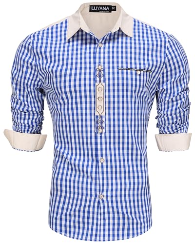 LUYANA Oktoberfest Hemd Herren Trachtenhemd Kariertes Langarm Hemd Trachten Stickerei Hemden Blau 3XL von LUYANA