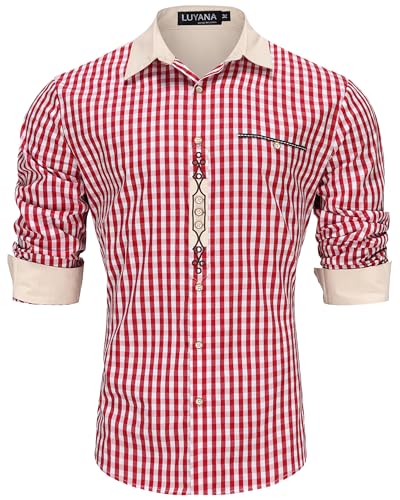 LUYANA Oktoberfest Hemd Herren Trachtenhemd Kariertes Langarm Hemd Trachten Stickerei Hemden Rot 2XL von LUYANA