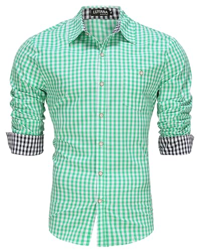 LUYANA Oktoberfest Trachtenhemd für Herren Trachten Karo-Hemd Langarm Freizeithemd mit Tasche Grün M von LUYANA