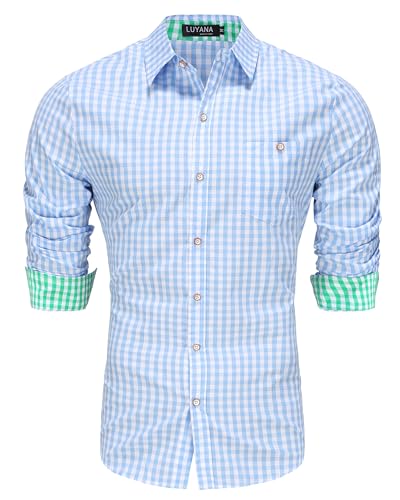 LUYANA Oktoberfest Trachtenhemd für Herren Trachten Karo-Hemd Langarm Freizeithemd mit Tasche Hellblau 2XL von LUYANA