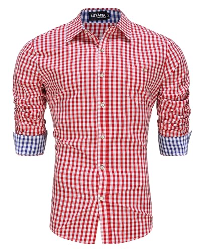 LUYANA Oktoberfest Trachtenhemd für Herren Trachten Karo-Hemd Langarm Freizeithemd mit Tasche Rot M von LUYANA