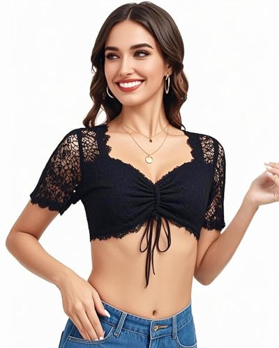 LUYANA Spitzen Damen Dirndlbluse Kordelzug Dirndl Bluse Kurzarm Herzausschnitt Trachtenbluse Schwarz L von LUYANA