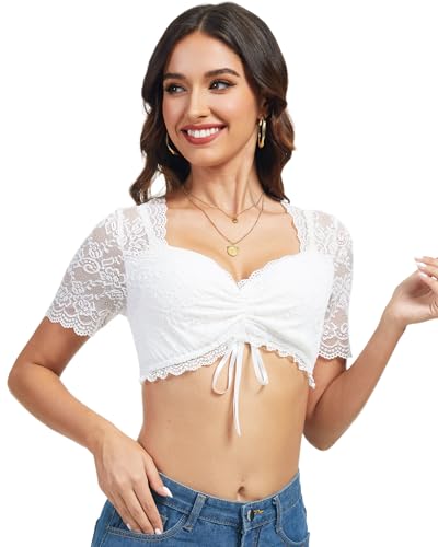 LUYANA Spitzen Damen Dirndlbluse Kordelzug Dirndl Bluse Kurzarm Herzausschnitt Trachtenbluse Weiß 2XL von LUYANA