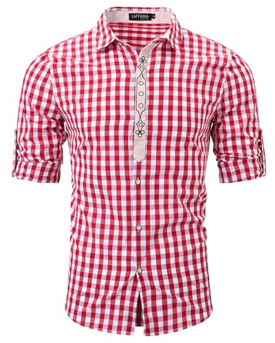 LUYANA Trachtenhemd Herren Freizeithemd Kariert Oktoberfest Baumwolle Popeline-Hemd Rot 2XL von LUYANA