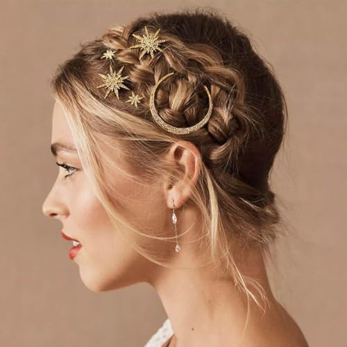 3 Stück Strass Mond Haarnadeln, Stern Strass Haarnadel Clips Haarspangen, Kopfschmuck Glitzer Strass Haarklemmen,Braut Hochzeit Haarnadeln, Haarschmuck Accessoires für Frauen und Mädchen (Gold) von LUYANFX
