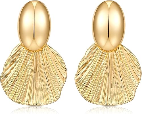 Ohrringe Gold Muschel Goldene Ohrstecker Damen Vintage Baumelnde Ohrringe mit Wellenschliff Fächerförmige, Schmuck für Frauen und Mädchen, Bohème-Stil von LUYANFX