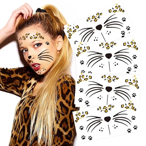 Leoparden Face Art Sticker, 6 Stück Leopard Gesichtstattoo Aufkleber, Selbstklebendes Temporäre Tattoo Set, für Karneval Halloween Party Make-up (C) von LUYANFX