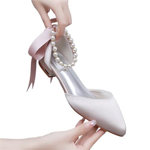 Brautschuhe Crystal Queen Pearl Strapping High Heels Schuhe Square Heel Spitz Hohl Damen Sandalen Party Flat(Gold,42) von LUYSGBXR