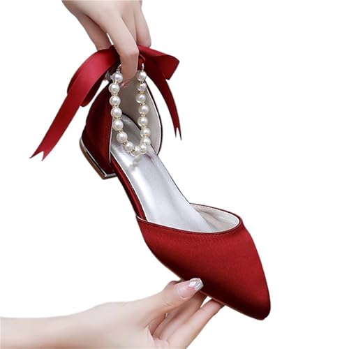 Brautschuhe Crystal Queen Pearl Strapping High Heels Schuhe Square Heel Spitz Hohl Damen Sandalen Party Flat(Wine red,40) von LUYSGBXR